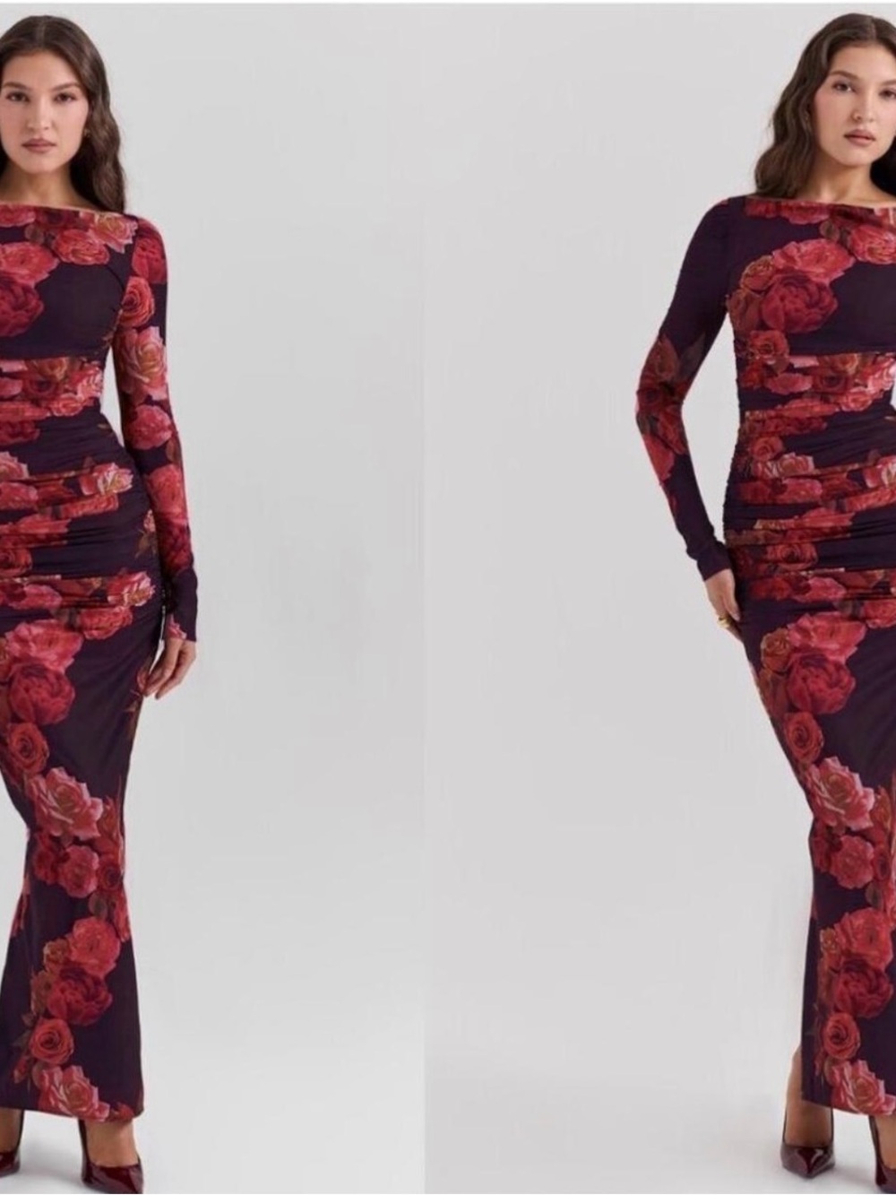 House of CB Burgundy Long-Sleeve Rose Print Maxi Dress